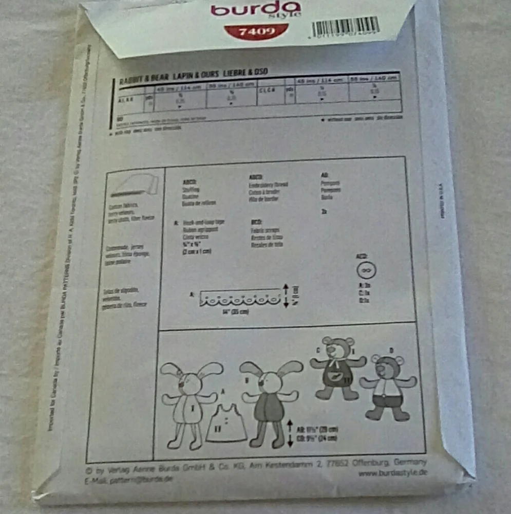 Burda Stuffed Dolls, Rabbit w/dress & Bear